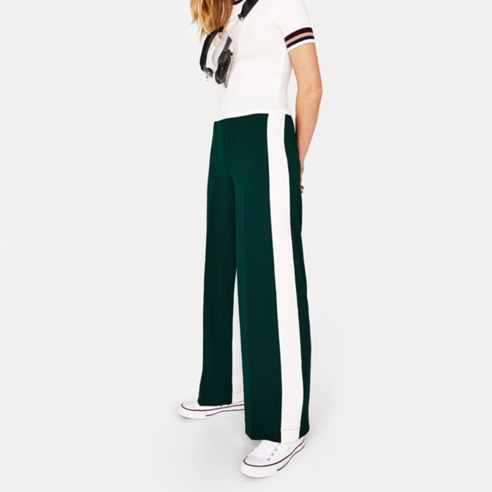 Bershka green wide leg pants with contrast stripe